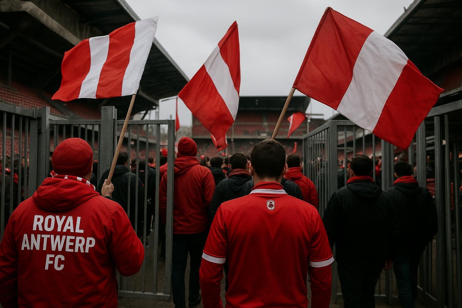 Supporters van Royal Antwerp FC die het stadion binnenwandelen voor een wedstrijd