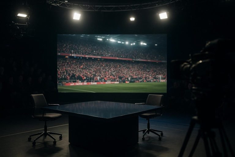 Abstracte studio- en mediasfeer rond een publiek debat