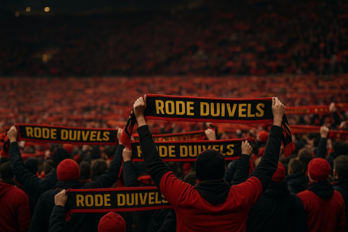 Supporters van de Rode Duivels van achteren met sjaals in het stadion bij schemerlicht