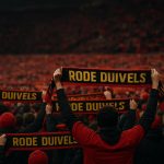 Supporters van de Rode Duivels van achteren met sjaals in het stadion bij schemerlicht
