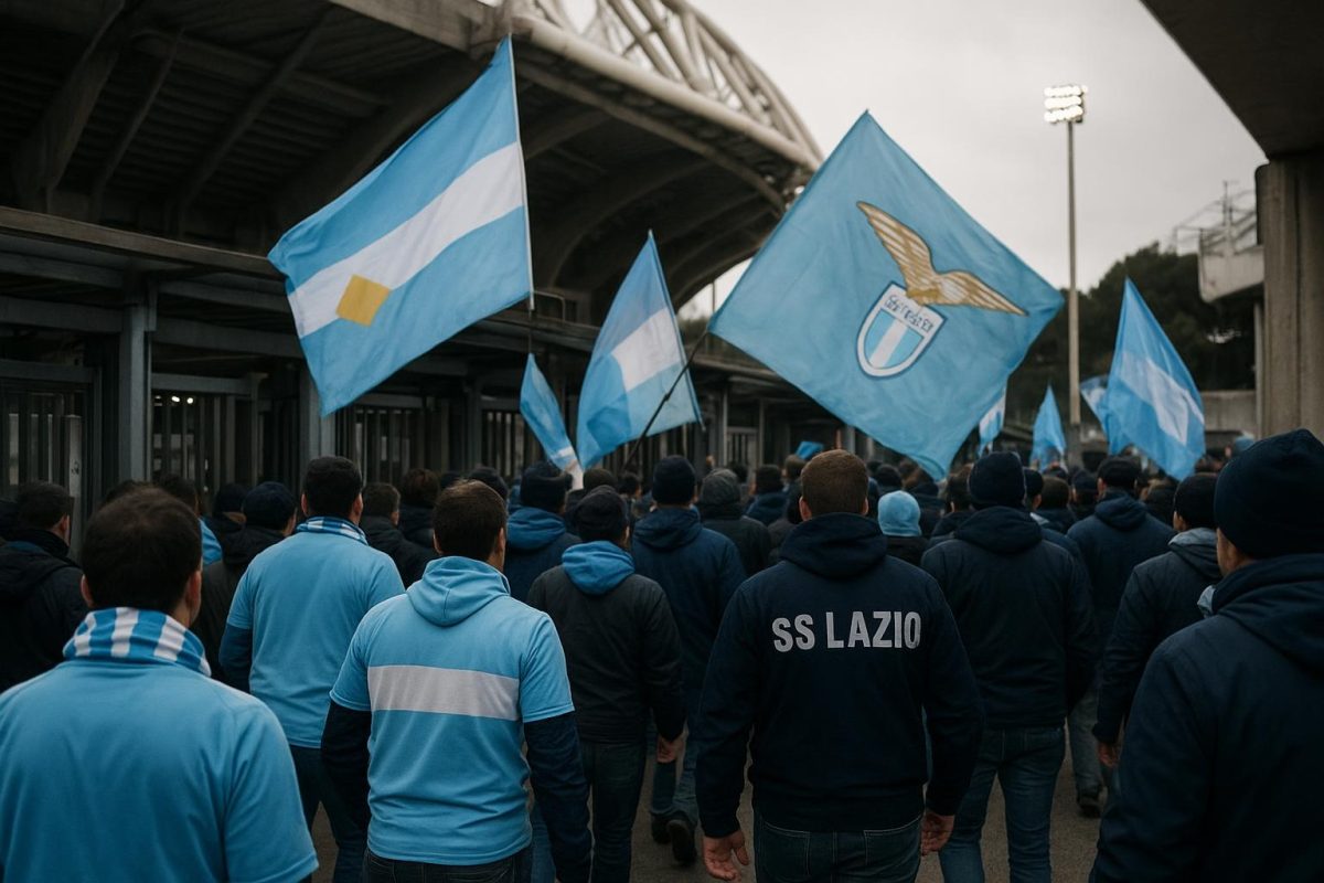 Supporters die een Italiaans stadion binnenstappen in clubkleuren, gezien van achteren, zonder herkenbare gezichten.