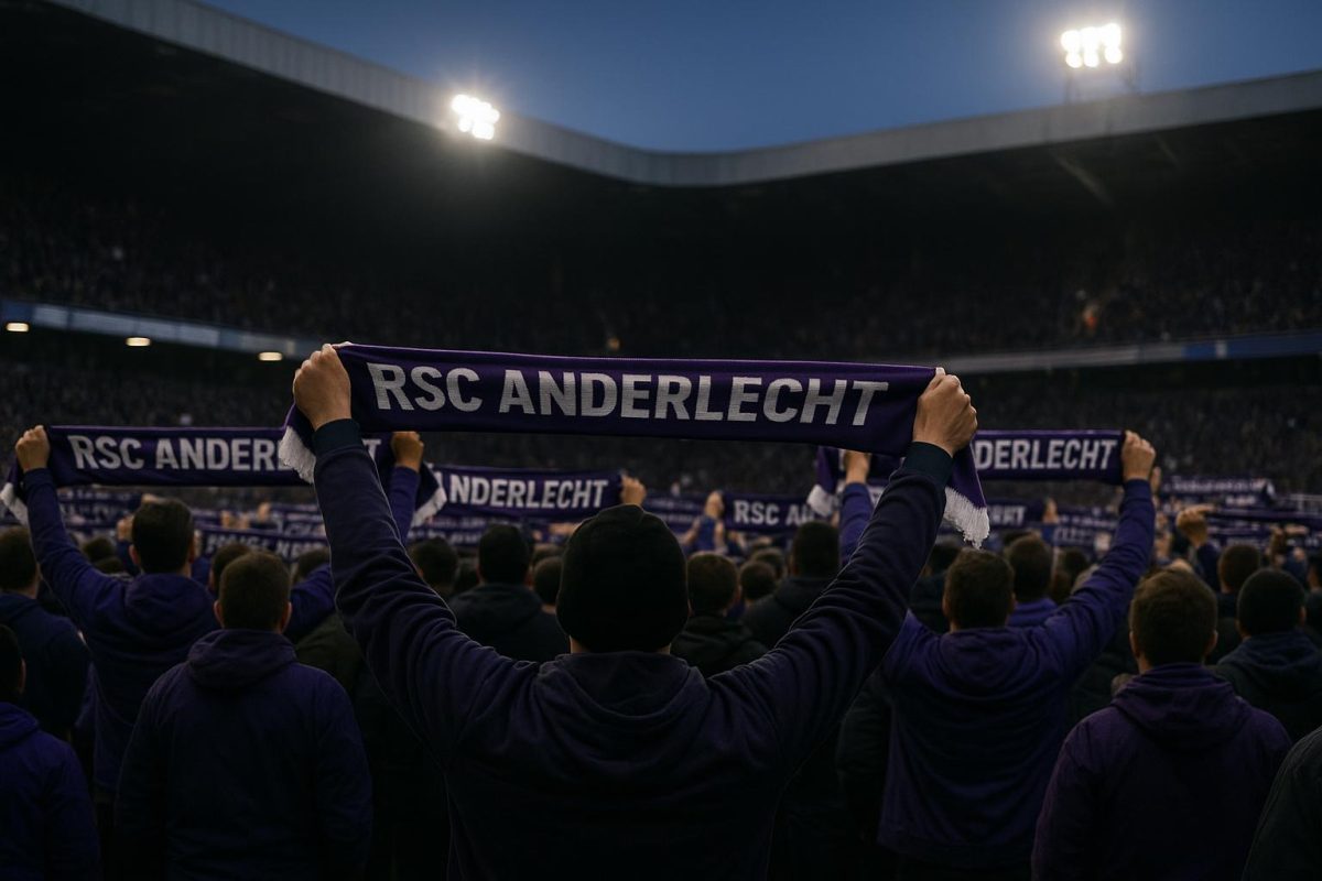 Supporters van Anderlecht met sjaals, gezien van achteren in het stadion bij schemerlicht