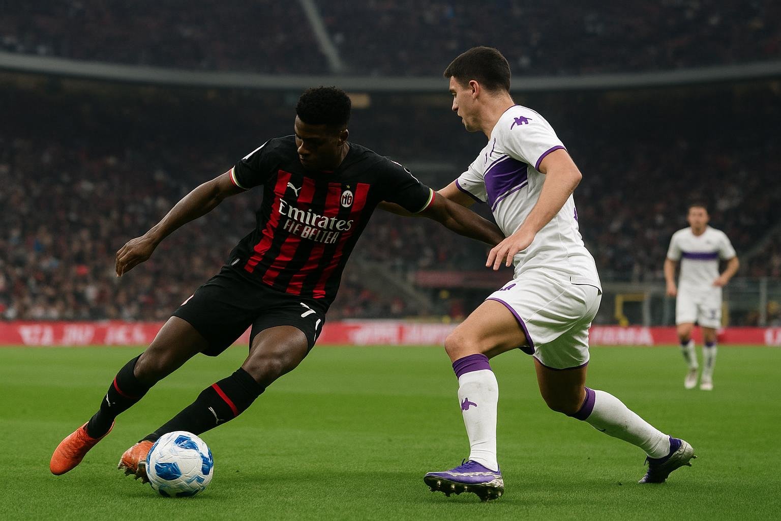 Spelmoment tijdens AC Milan tegen Fiorentina in een vol stadion, met spelers in actie en zonder herkenbare gezichten.