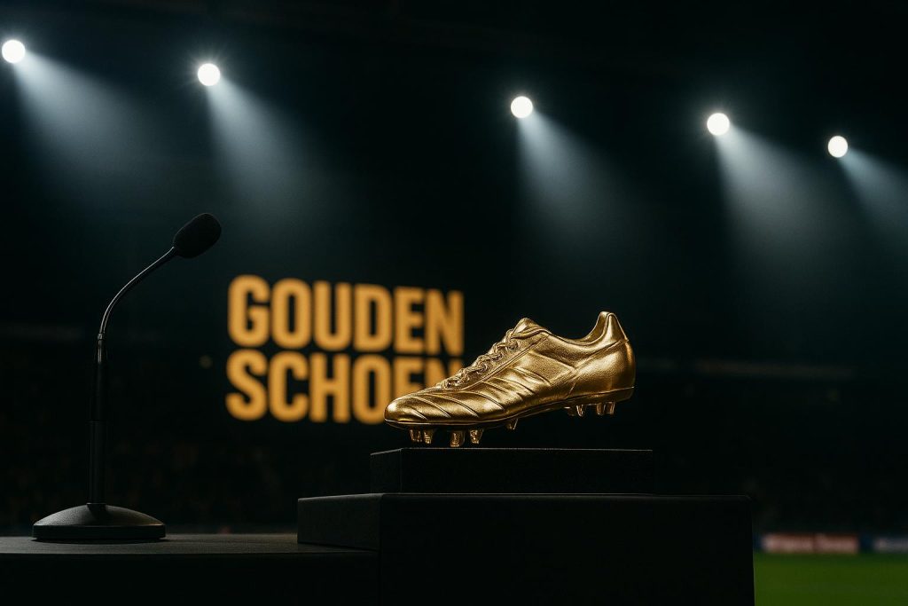 Sfeerbeeld van een prijsuitreiking op het Gouden Schoen-gala, met podium en trofee zonder herkenbare gezichten.
