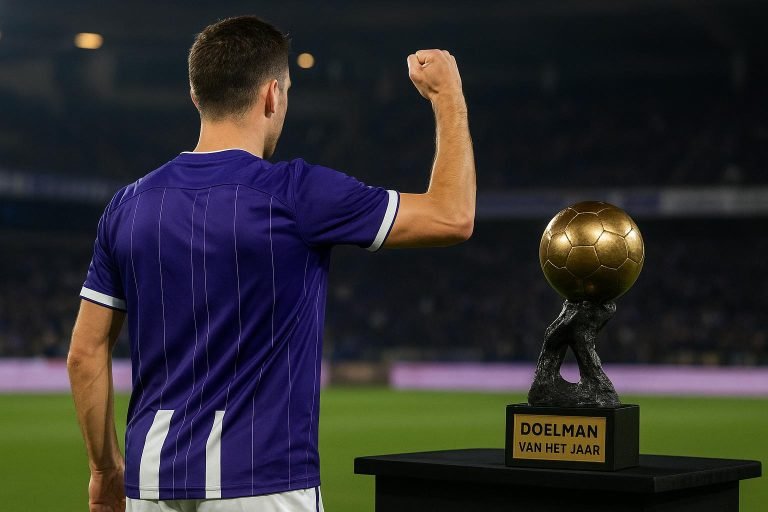 Colin Coosemans van RSC Anderlecht met de trofee voor Doelman van het Jaar op het gala van de Gouden Schoen.