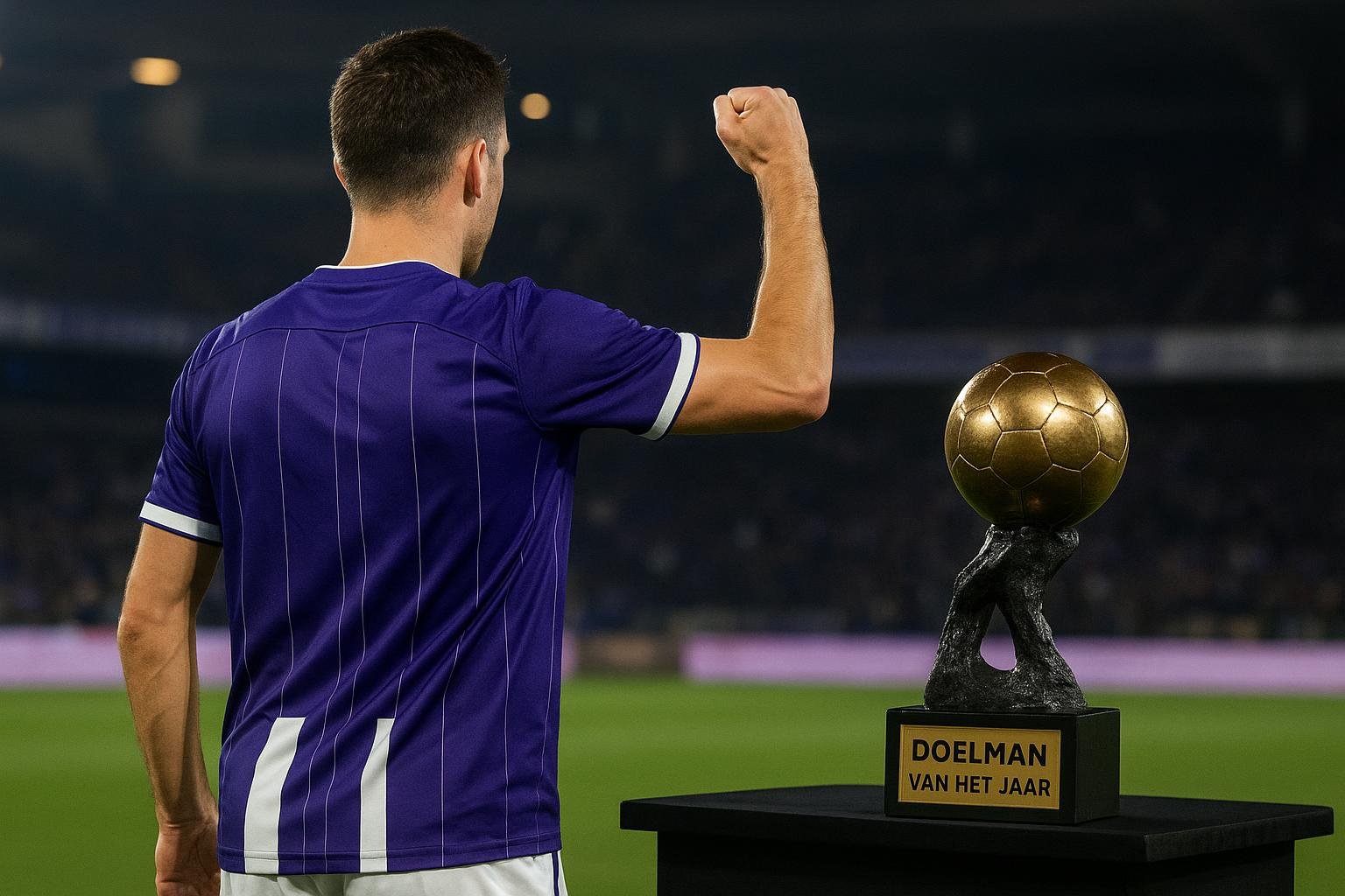 Colin Coosemans van RSC Anderlecht met de trofee voor Doelman van het Jaar op het gala van de Gouden Schoen.