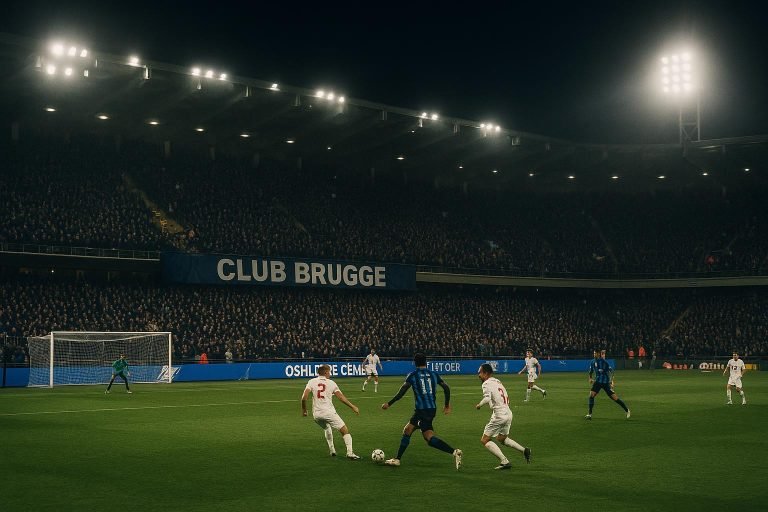 Club Brugge in actie tijdens een wedstrijd in een gevuld stadion