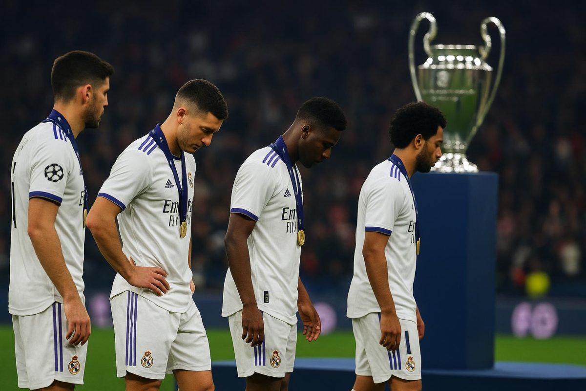 Spelers van Real Madrid staan langs de zijlijn tijdens de trofee-uitreiking na de Supercopa.