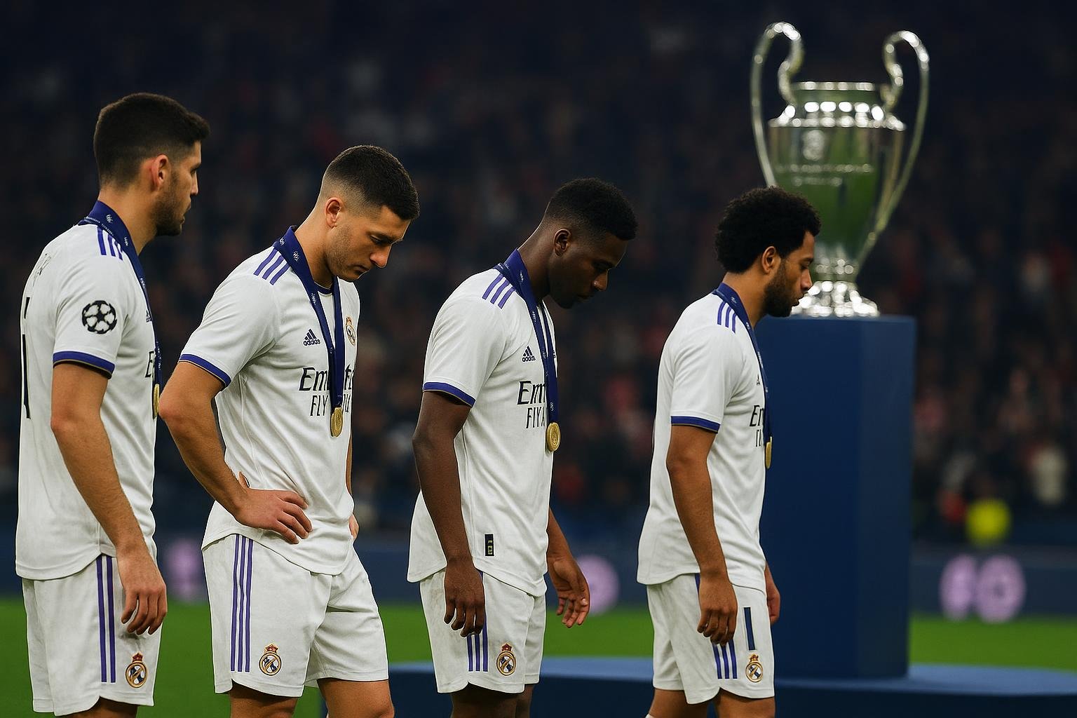 Spelers van Real Madrid staan langs de zijlijn tijdens de trofee-uitreiking na de Supercopa.