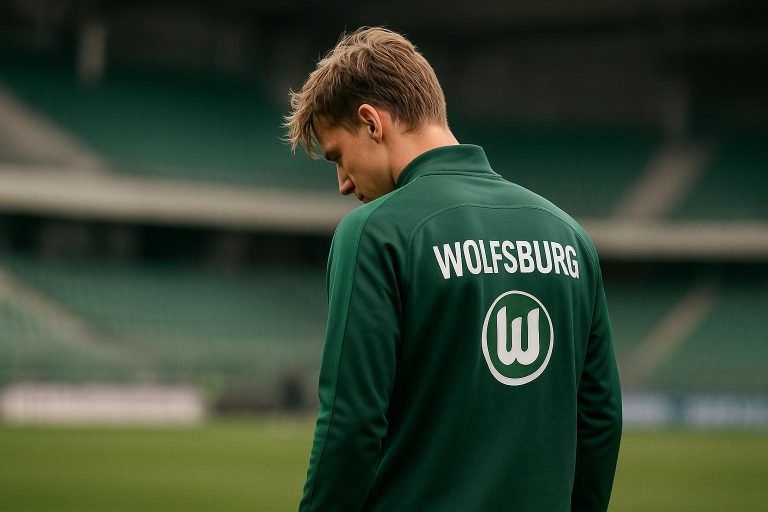 Andreas Skov Olsen in trainingscontext bij VfL Wolfsburg, met focus op de transfergeruchten