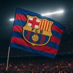 Spelers van FC Barcelona vieren een doelpunt in een stadion
