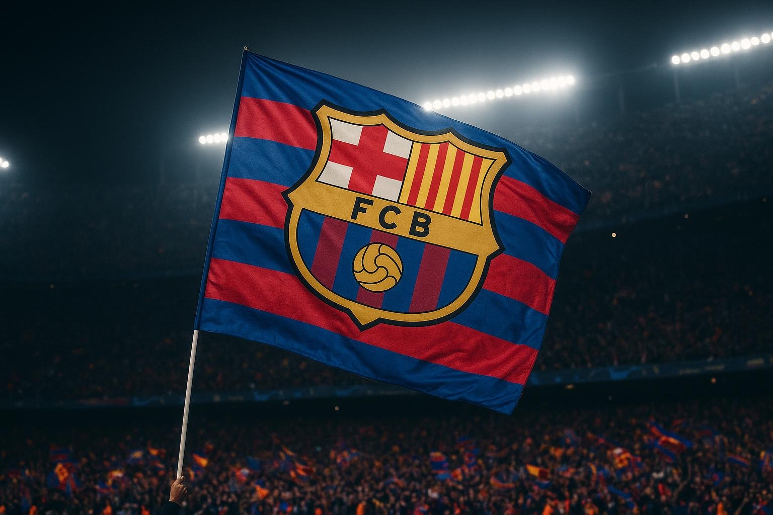 Spelers van FC Barcelona vieren een doelpunt in een stadion