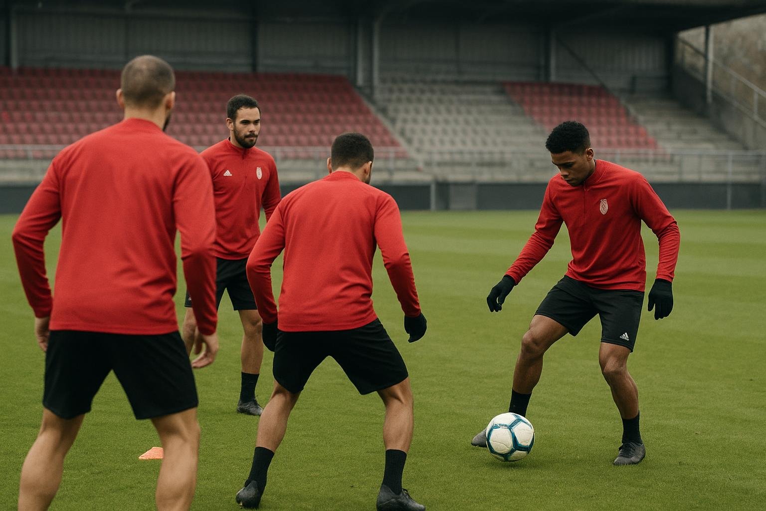 Beeld van Standard op training tijdens de winterstage, in de context van blessurenieuws en de zoektocht naar een linksachter.