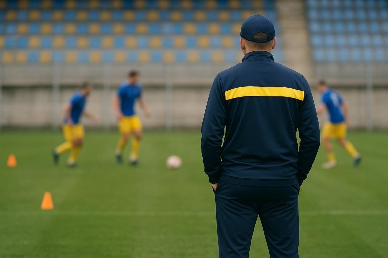 Training bij Panetolikos met een coach op de zijlijn, zonder herkenbare gezichten.