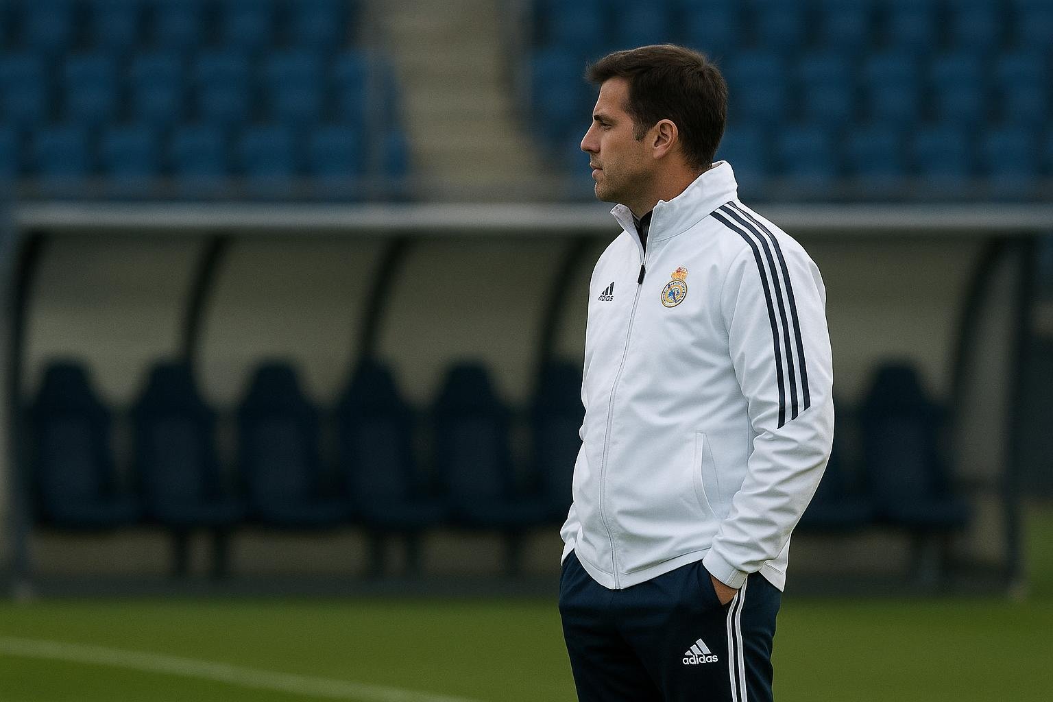 Zijaanzicht van een trainer op het trainingsveld van Real Madrid, met spelers op de achtergrond zonder herkenbare gezichten.