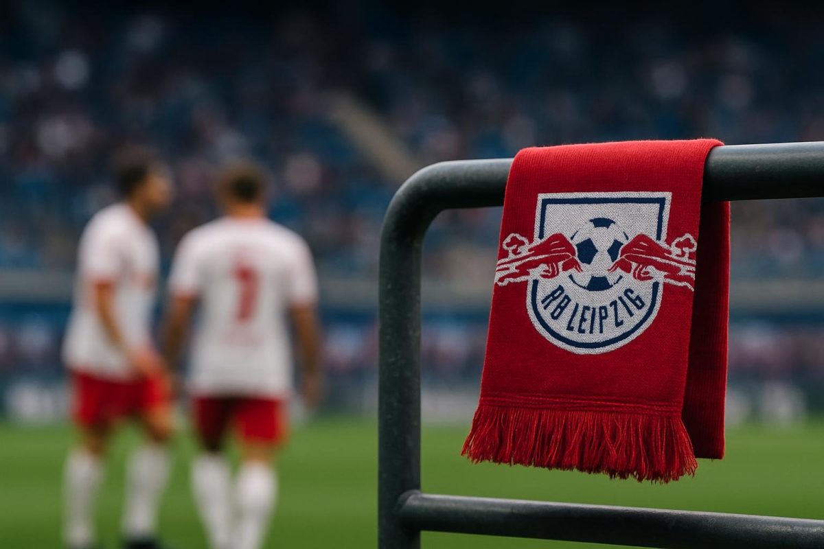 Transfersfeer rond RB Leipzig met een speler op de achtergrond in een stadionomgeving