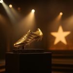 De trofee van de Gouden Schoen tijdens een gala-avond in een zaalsetting