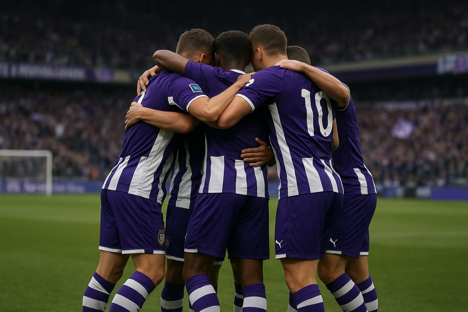 Spelers van RSC Anderlecht vieren samen een doelpuntmoment in het stadion.
