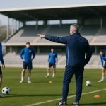 Coach Nicky Hayen coacht KRC Genk tijdens een trainingsmoment, met focus op intensiteit en organisatie.
