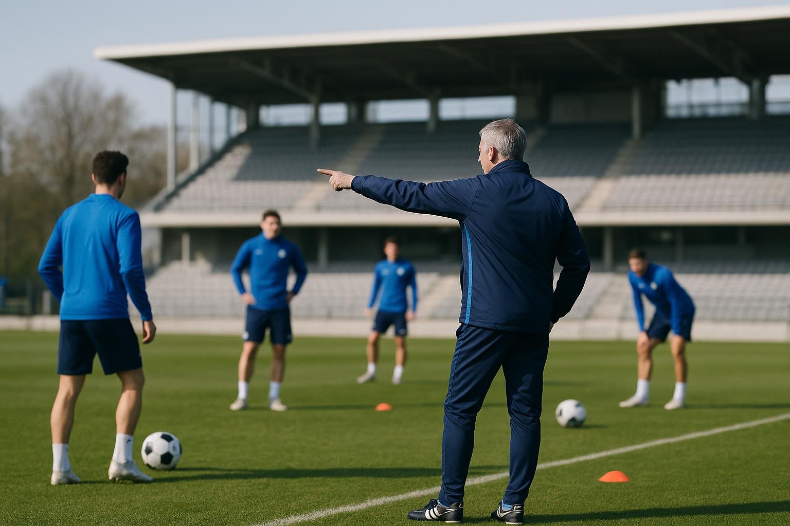 Coach Nicky Hayen coacht KRC Genk tijdens een trainingsmoment, met focus op intensiteit en organisatie.