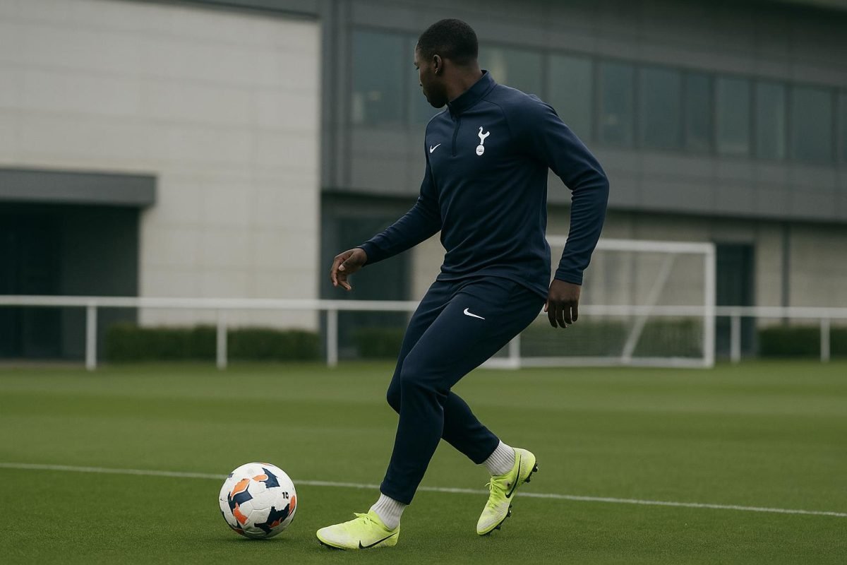 Mathys Tel in Tottenham-tenue tijdens een training, in de context van transfergeruchten naar Paris FC.