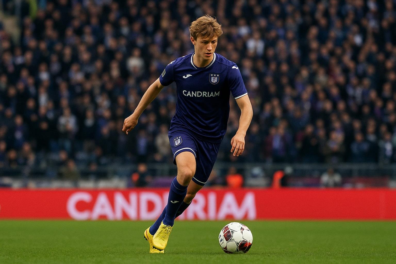 Jonge Anderlecht-middenvelder in actie tijdens een wedstrijd
