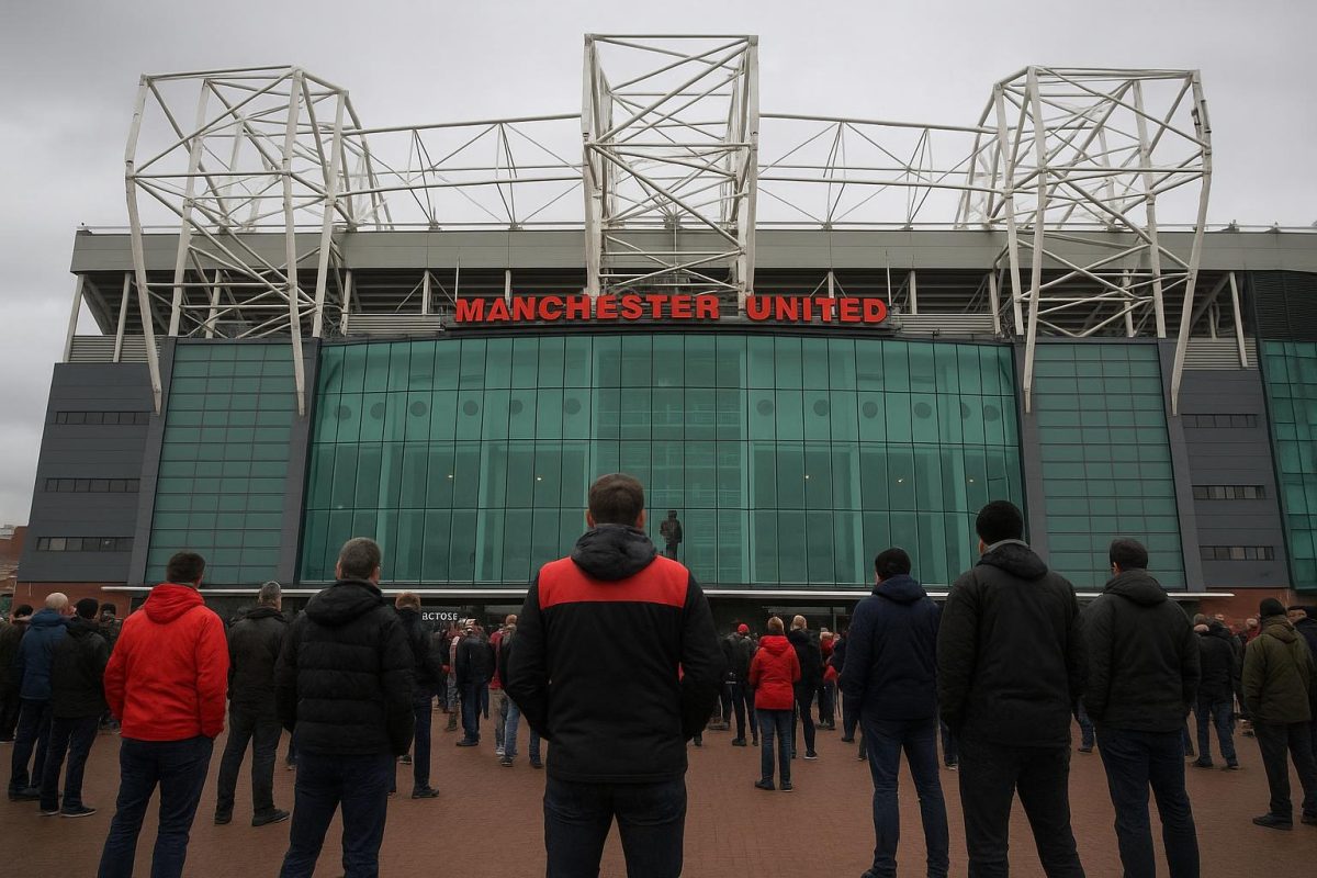 Sfeershot rond Old Trafford bij Manchester United, zonder herkenbare gezichten