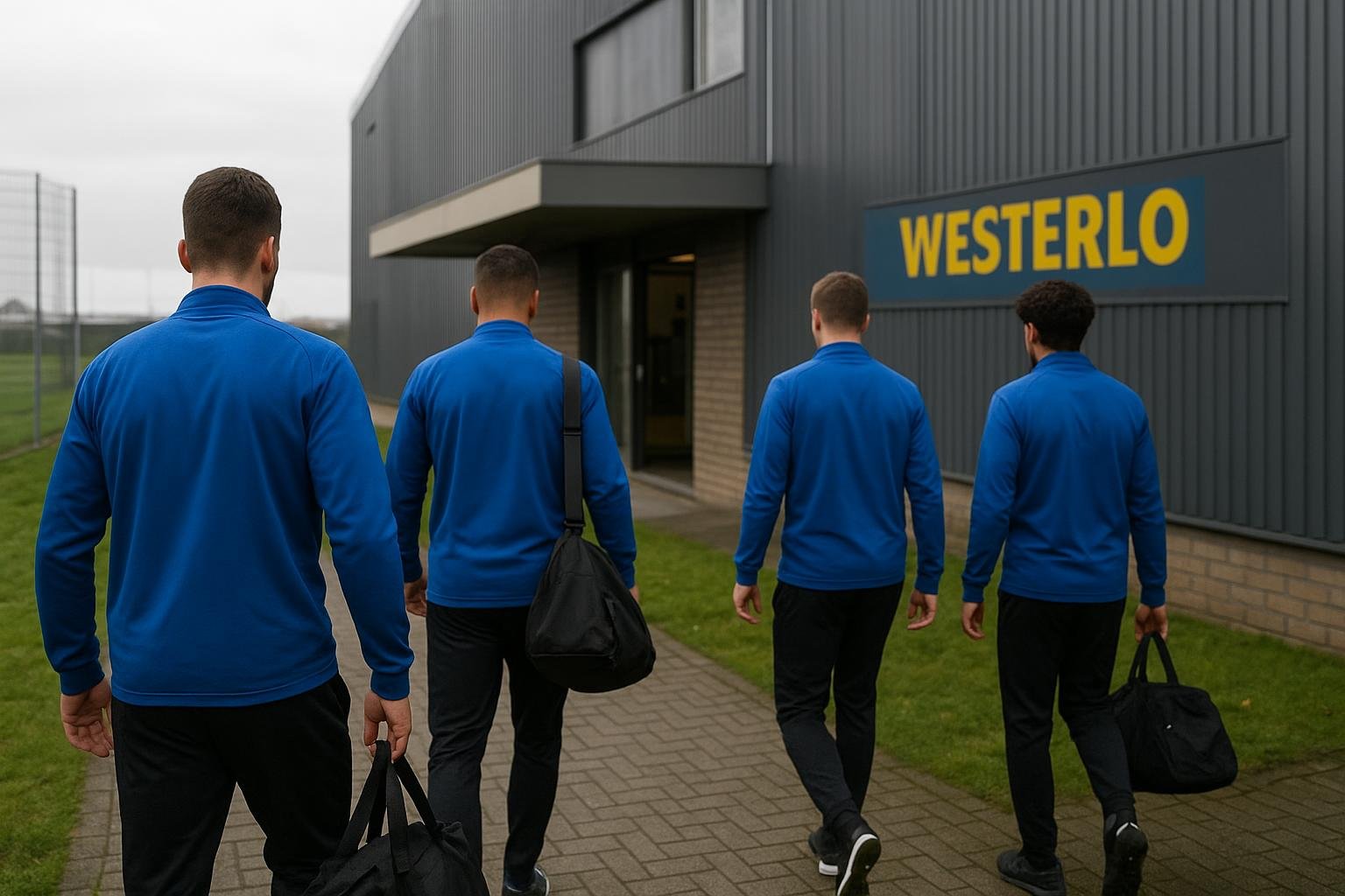 Spelers van KVC Westerlo op het trainingsveld, gezien vanop de rug tijdens een transfersfeer.