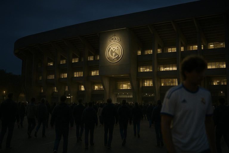 Sfeershot van het Santiago Bernabéu stadion rond het nieuws over het vertrek van Xabi Alonso bij Real Madrid.