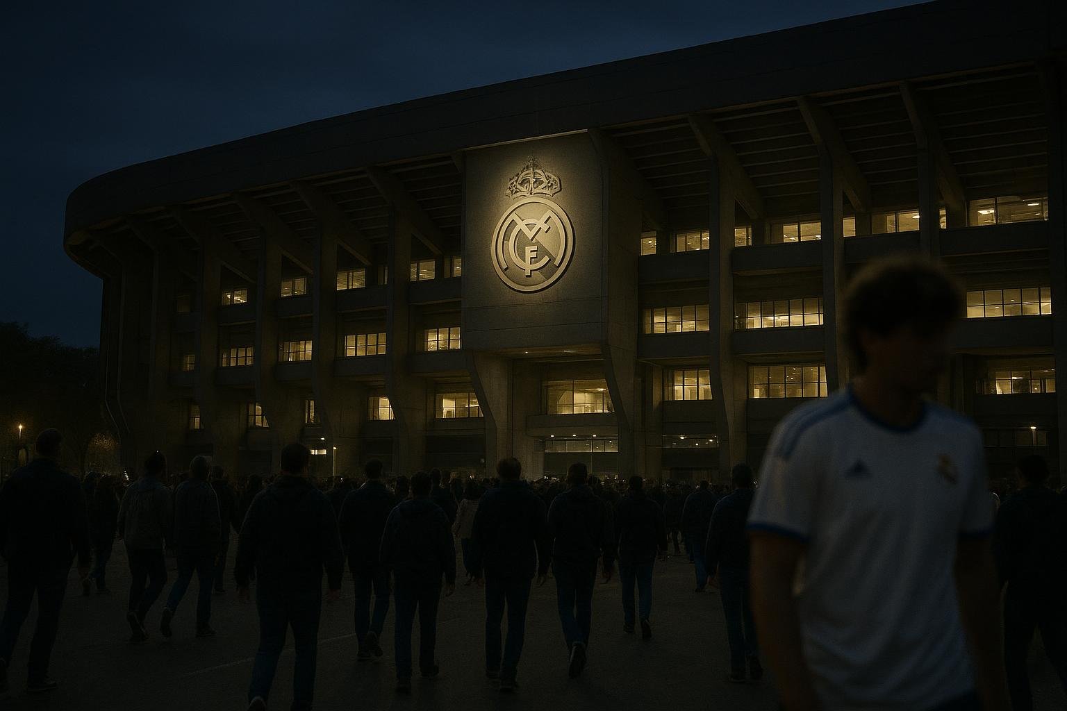 Sfeershot van het Santiago Bernabéu stadion rond het nieuws over het vertrek van Xabi Alonso bij Real Madrid.
