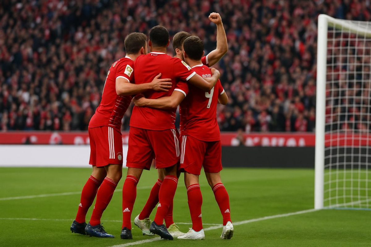 Bayern-spelers vieren een doelpunt in een Bundesliga-wedstrijd, met focus op de groepsvreugde en zonder herkenbare gezichten.