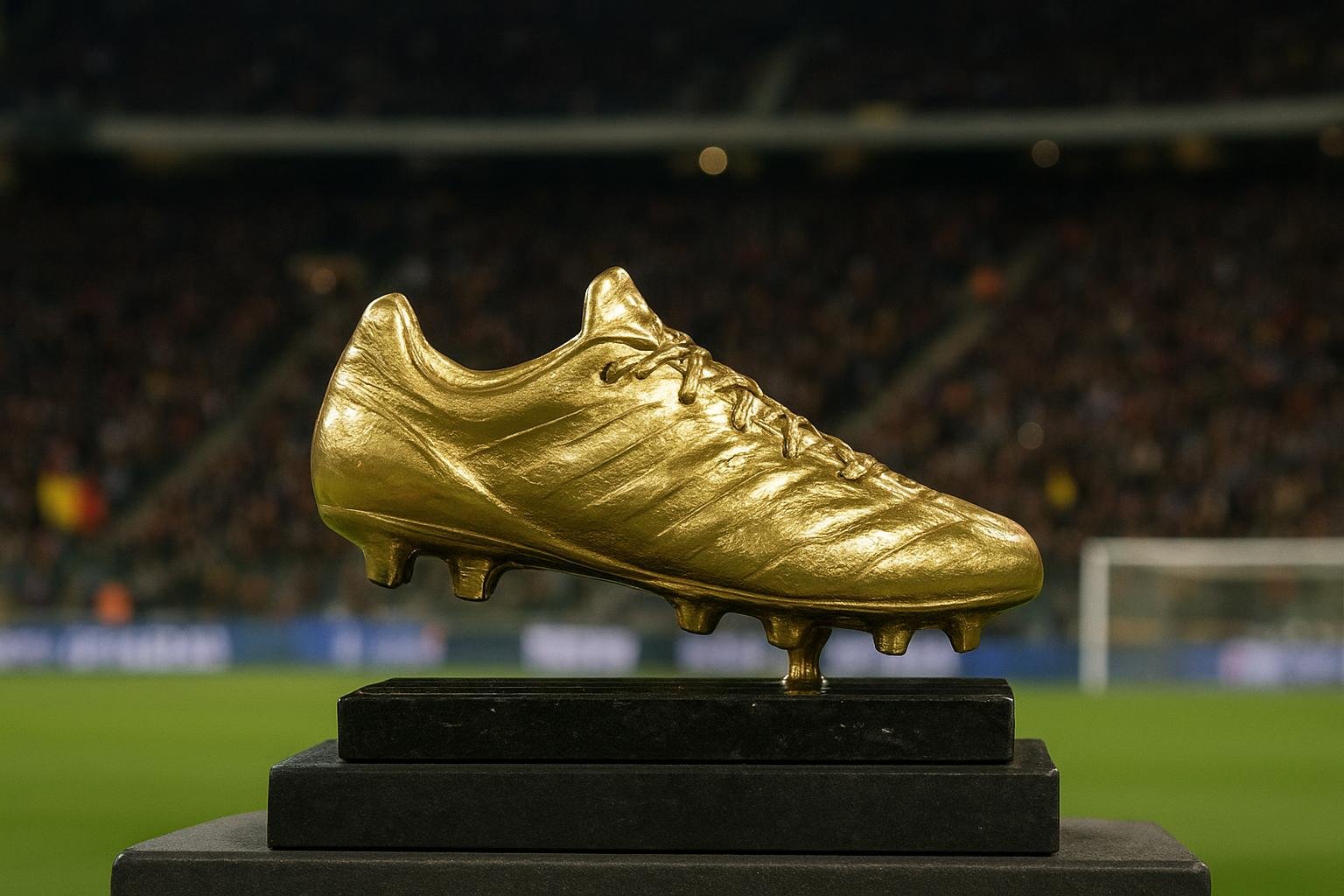 Close-up van een Gouden Schoen trofee op een podium