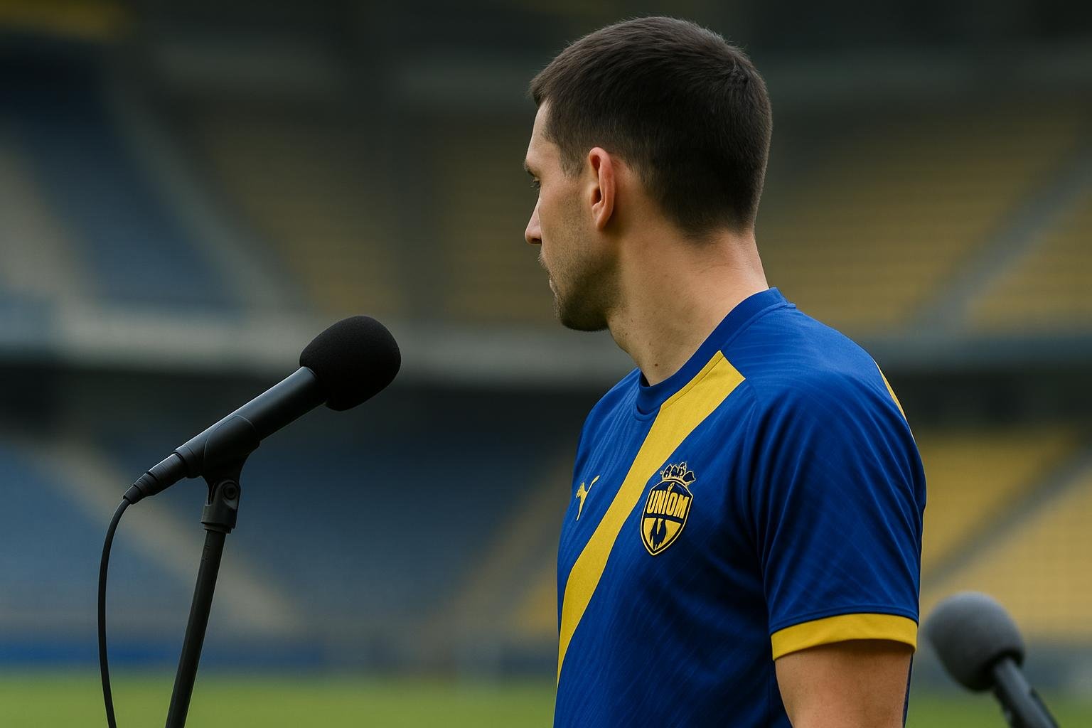 Christian Burgess van Union SG tijdens een mediamoment in aanloop naar een wedstrijd