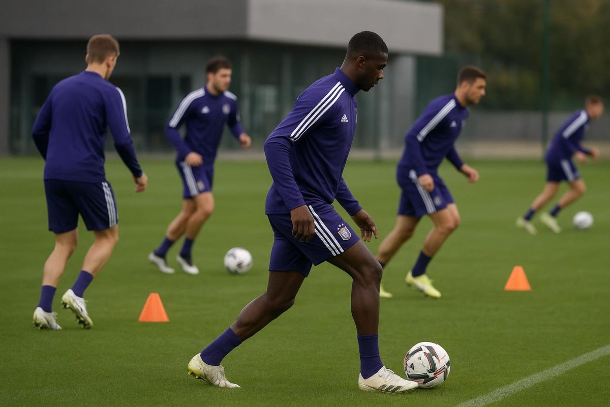 Trainingsmoment bij RSC Anderlecht op Neerpede, met spelers op het veld