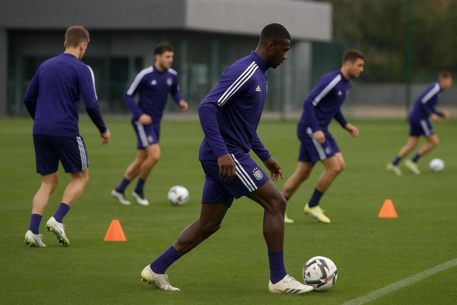 Trainingsmoment bij RSC Anderlecht op Neerpede, met spelers op het veld