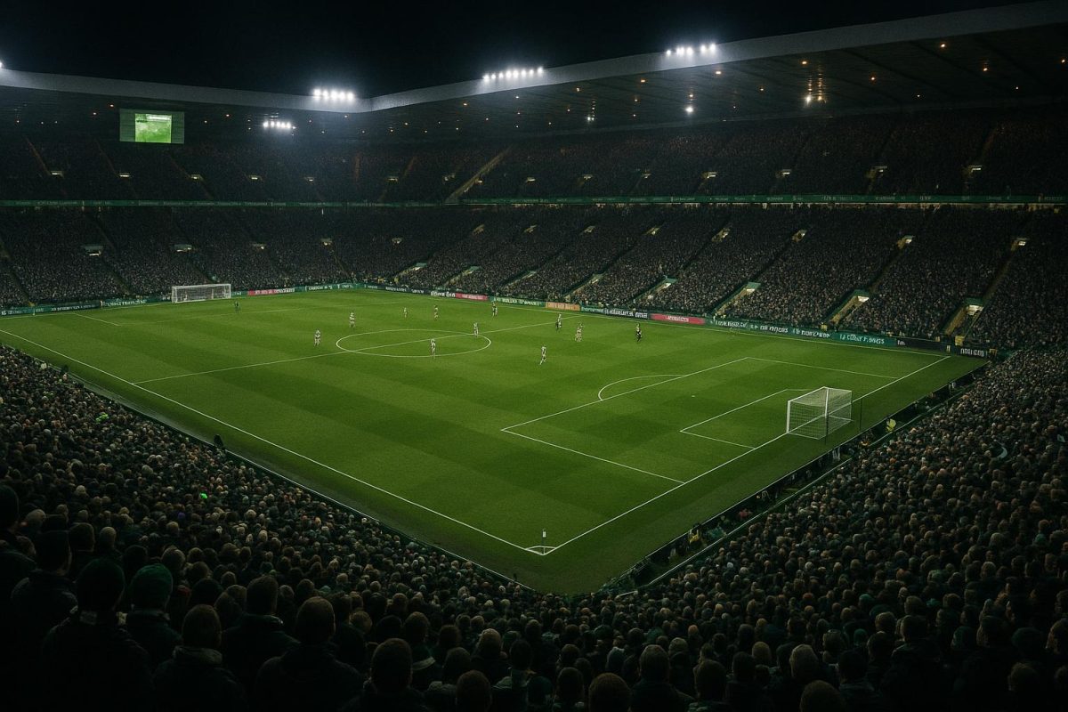 Overzicht van Celtic-stadion tijdens een avondwedstrijd