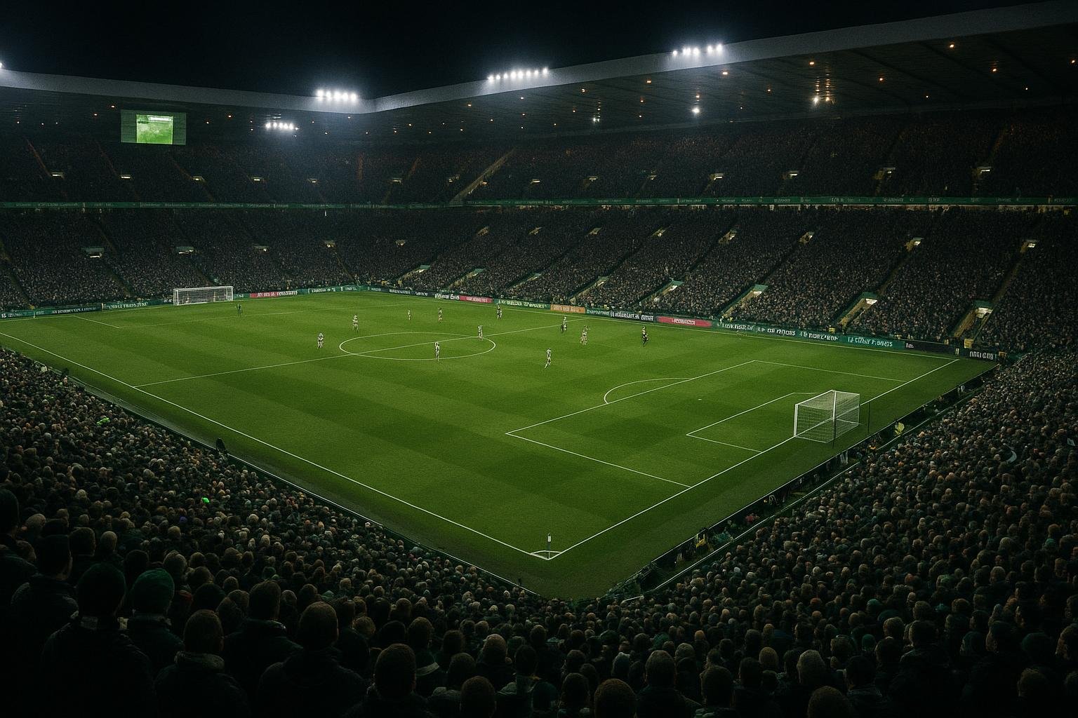 Overzicht van Celtic-stadion tijdens een avondwedstrijd