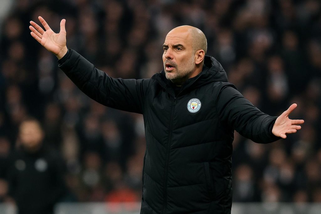 guardiola-var-moment-ondanks-0-2-zege-in-newcastle Pep Guardiola reageert zichtbaar gefrustreerd langs de zijlijn na een VAR-beslissing bij Newcastle tegen Manchester City.