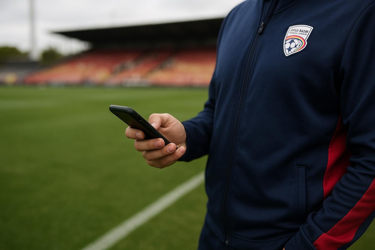 Een voetballer in trainingsoutfit wandelt langs de zijlijn in een stadionomgeving, met de focus op de context rond een statement.