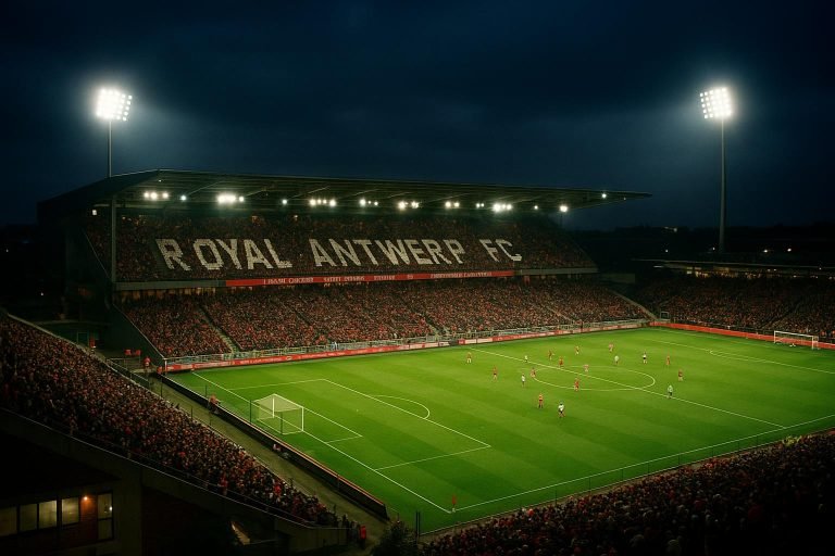 Stadion van Royal Antwerp FC in avondlicht met onzekere sfeer rond de toekomst