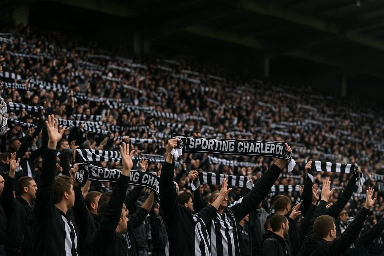Sfeervol stadionbeeld met Charleroi-supporters in het Stade du Pays de Charleroi tijdens de 2-0 tegen Club Brugge