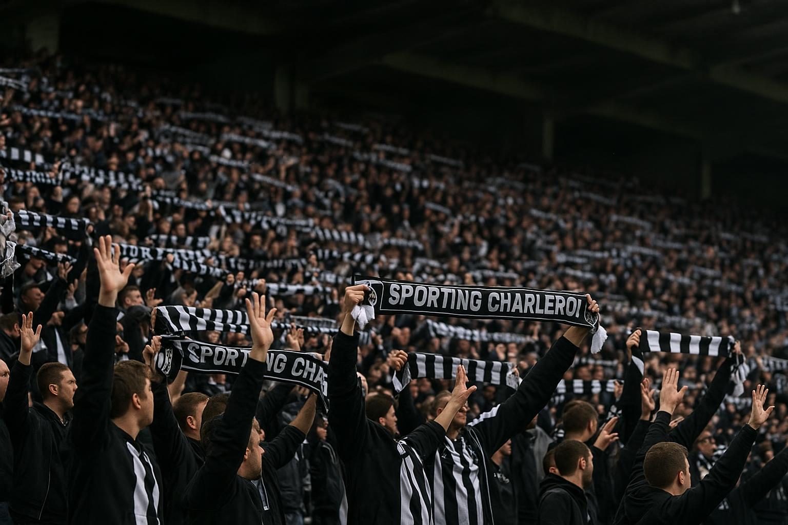 Sfeervol stadionbeeld met Charleroi-supporters in het Stade du Pays de Charleroi tijdens de 2-0 tegen Club Brugge