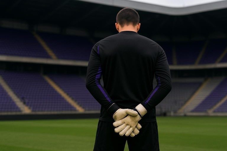 Colin Coosemans in Anderlecht-outfit op het veld van het Lotto Park