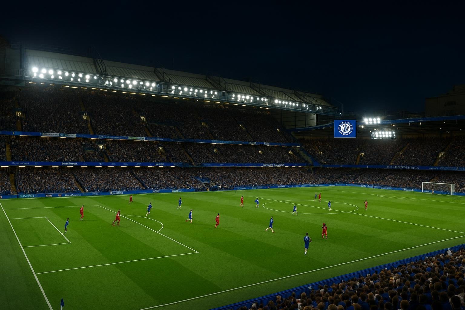 Overzicht van het stadion van Chelsea tijdens een wedstrijd