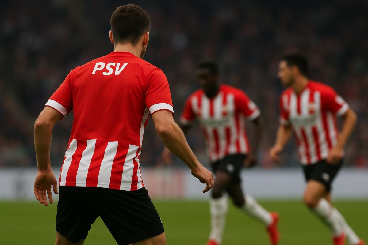Ivan Perisic in PSV-tenue tijdens een viermoment op het veld, met de focus op de transfergeruchten rond Inter.