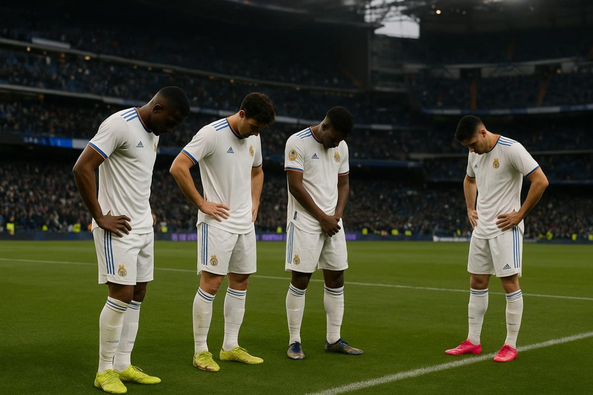 Teleurgestelde Real Madrid-spelers na een nederlaag, in een stadionomgeving