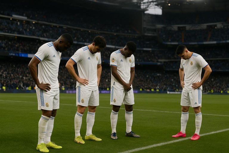 Teleurgestelde Real Madrid-spelers na een nederlaag, in een stadionomgeving