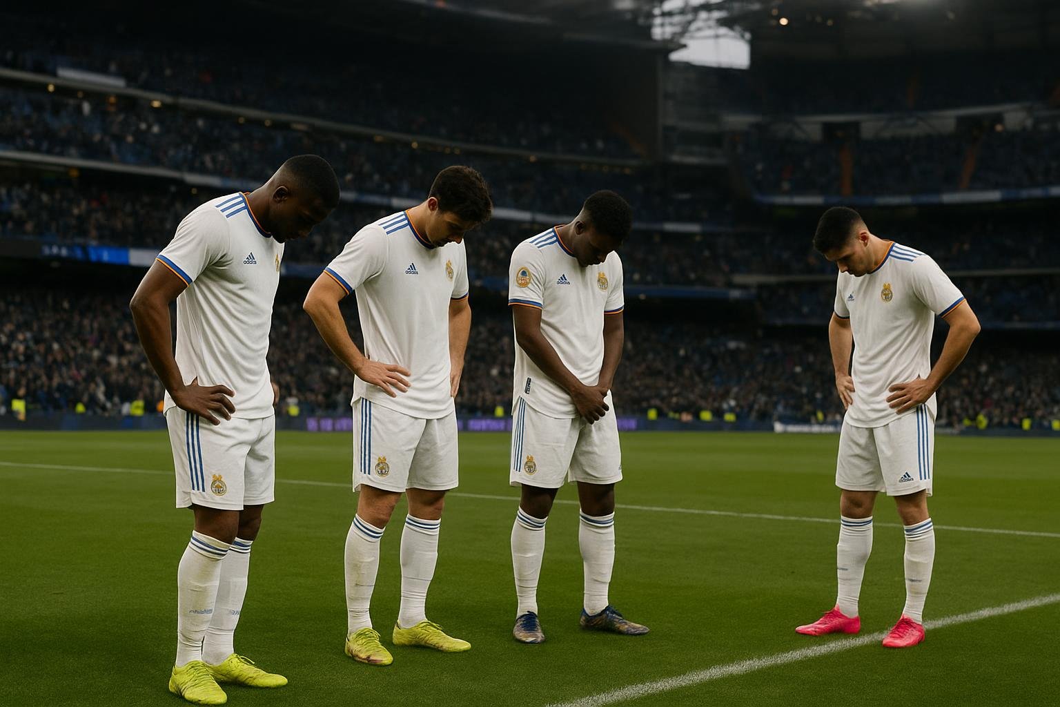 Teleurgestelde Real Madrid-spelers na een nederlaag, in een stadionomgeving
