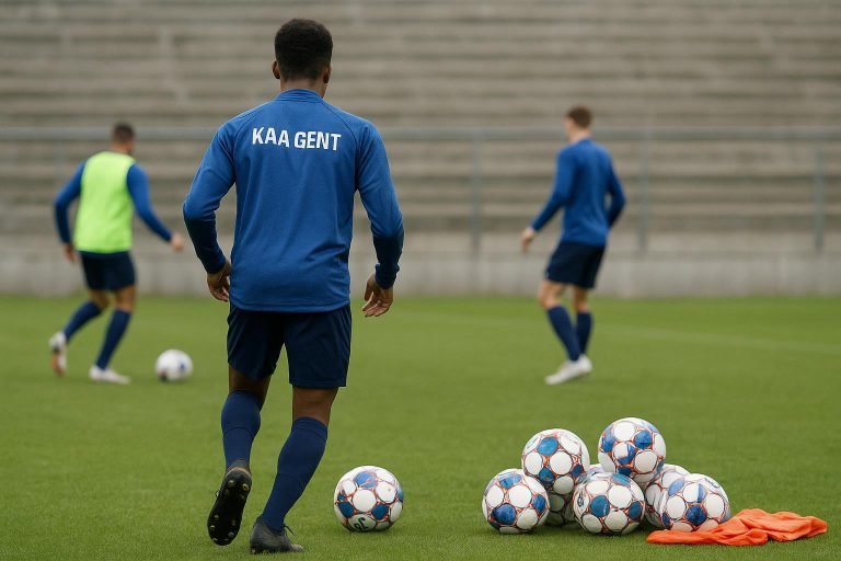 Beeld van een trainingsmoment met spelers van Jong KAA Gent in de context van doorstroming naar de A-kern