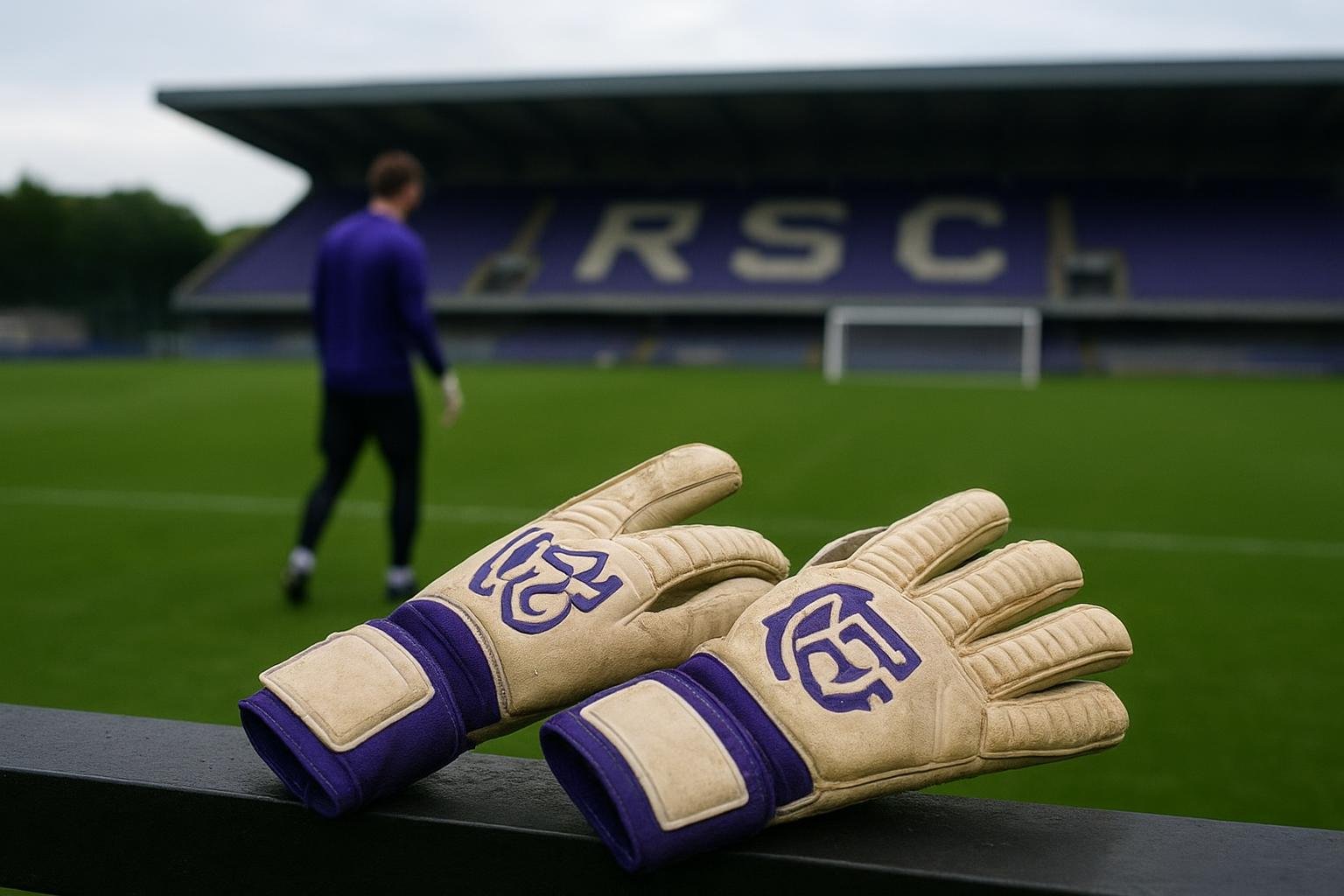 Keepershandschoenen en een doelman in Anderlecht-trainingskledij op het oefenveld, zonder herkenbare gezichten